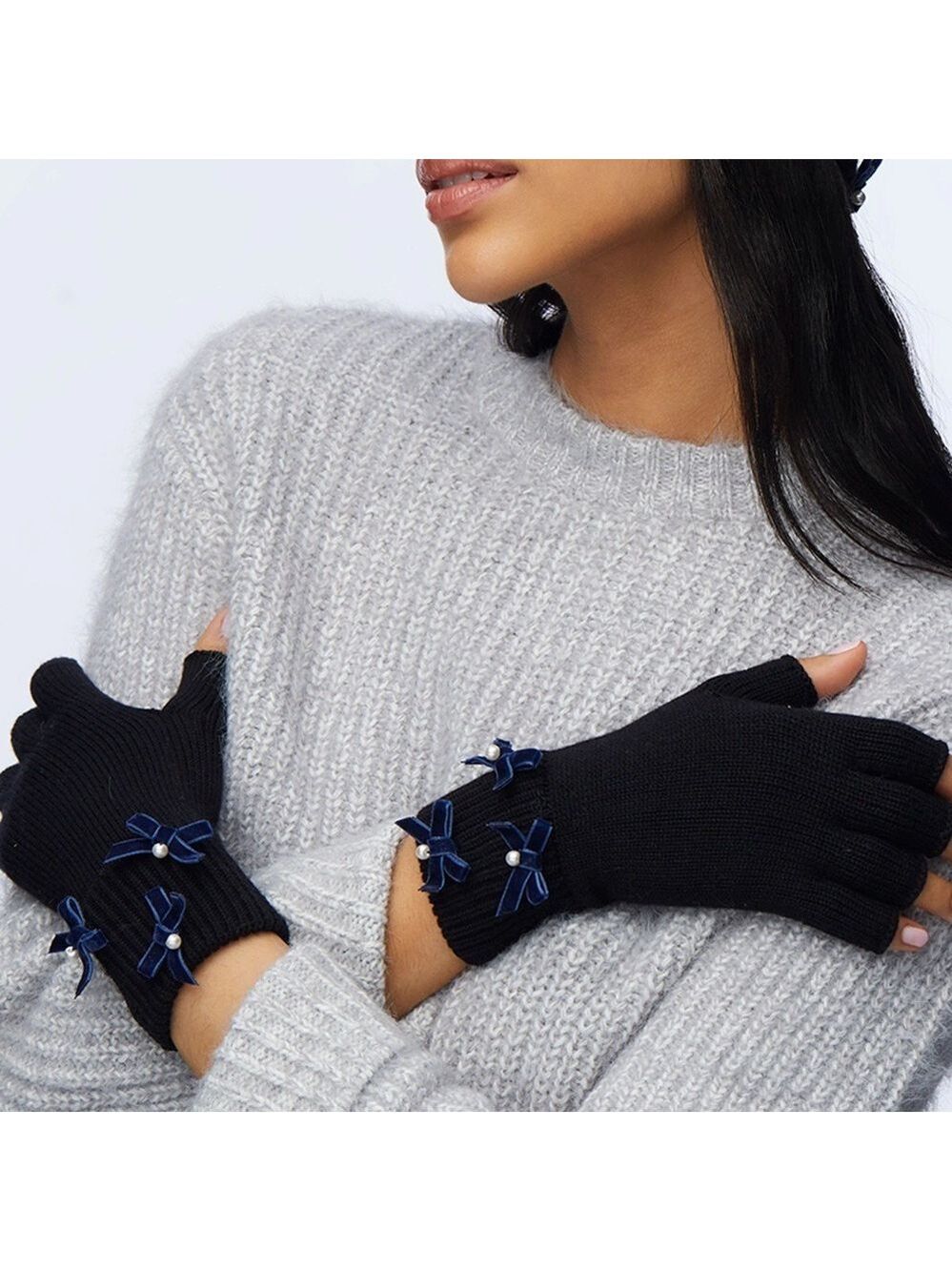 Lele Sadoughi Bow Embellished Fingerless Gloves New